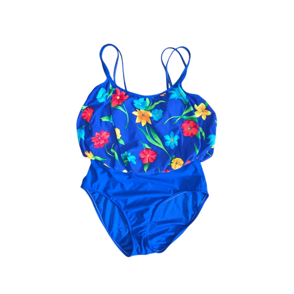 VTG COLE of California Swimsuit Women’s Blue Floral Print US Made 1-Pc Size 14